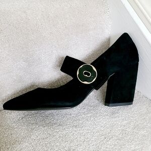 French suede Mary Jane pumps black with decorative gold black button on strap.